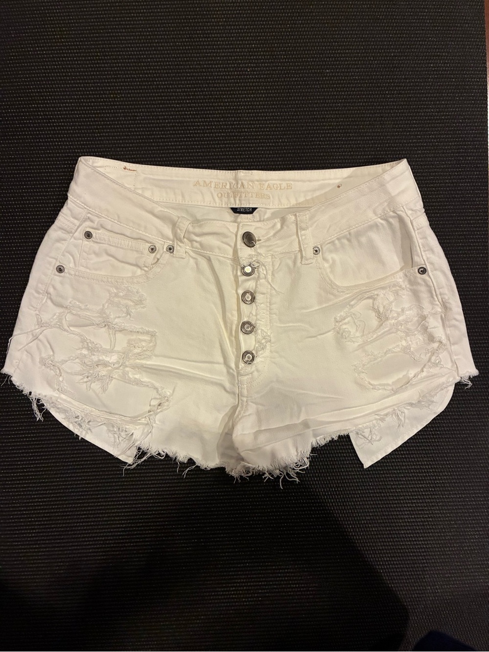 American Eagle Outfitters White Distressed Denim Button-Front Women's Shorts
